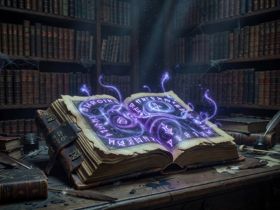 An ancient magical spellbook glowing with arcane energy on a library desk