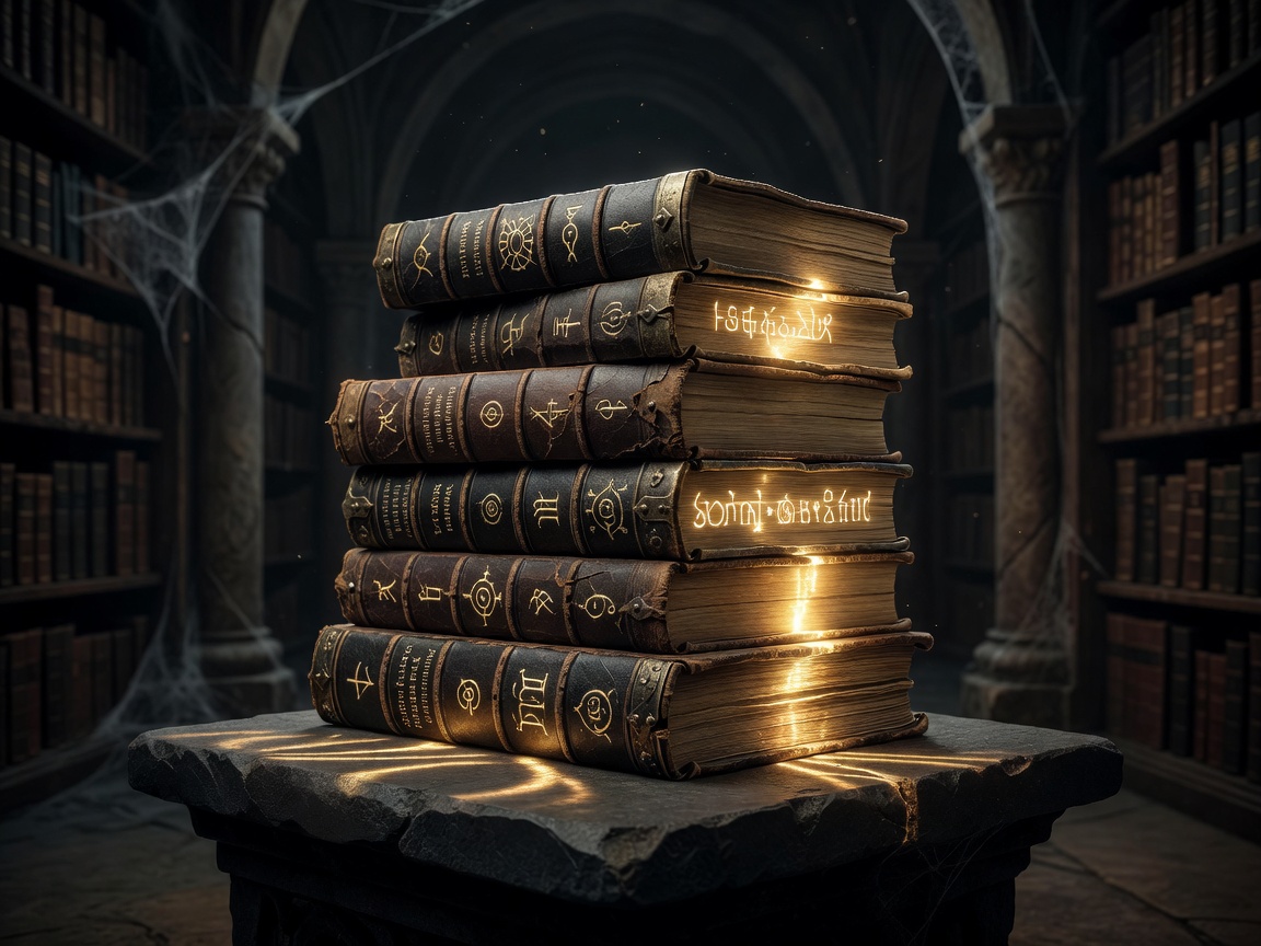 A stack of ancient magical books radiating a warm, golden arcane glow